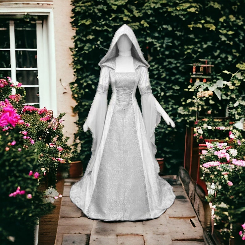 Mittelalterliches Damenkostüm, Larp-Cosplay-Kleid, Vintage-Hochzeitskleid, Renaissance-Kostüme, Weiß, Grau, Schwarz, Rot, Rosa, Blau, Grün Bild 3