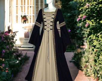 Mittelalter Renaissance Kleider, Larp Cosplay Kostüme, Viktorianische Hofroben, Gothic Retro Damen Kleid, Khaki, Rot, Grün, Blau, Schwarz