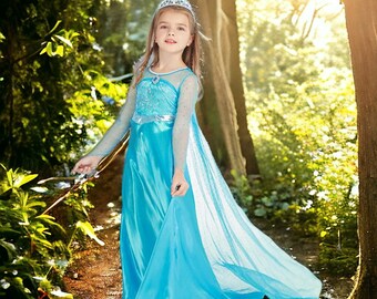 Meisje prinsessenjurk, Elsa prinses kostuum, blauwe prinsessenjurk, verjaardagsjurk, baljurk, aankleden, fantasiejurk, sprookjeskostuum, skaterjurk