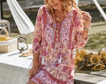 Robe vintage pour femme,Robe de style ethnique,Robe à imprimé floral,Robe bohème,Robe de plage,Robe à col en V,Robe médiévale,Robe rétro,Robe de villégiature,Gypsy