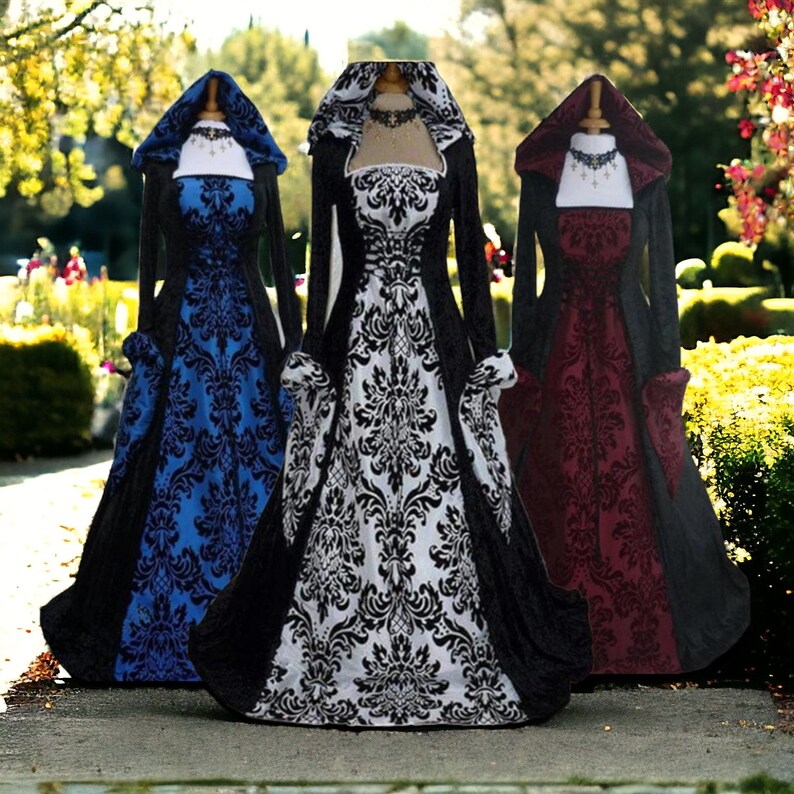 Robe Renaissance médiévale pour femme, robe à capuche de soirée GN, costume de scène cosplay, robe vintage imprimée, rouge, noir, bleu image 2