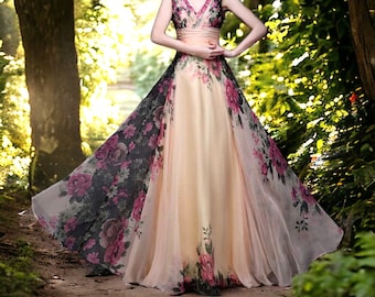 Vrouw prinses jurk, bloemenprint jurk, middeleeuwse jurk, midi lange jurk, mouwloze jurk, bruiloft gast jurk, feestjurk, elegante jurk