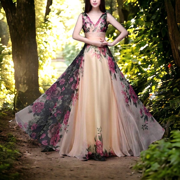 Damen-Prinzessinnenkleid, Kleid mit Blumendruck, mittelalterliches Kleid, langes Midi-Kleid, ärmelloses Kleid, Hochzeitsgastkleid, Partykleid, elegantes Kleid