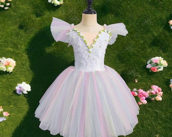 Meisje prinsessenjurk, meisje Tutu jurk, bloemenmeisje jurk, pluizige Tule jurk, verjaardagsfeestje outfit, baljurk, fantasiejurk, sprookjeskostuum, regenboog