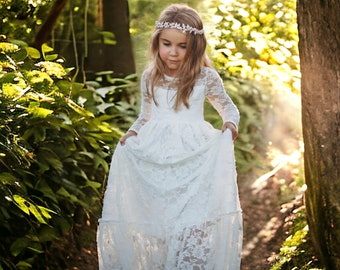 Girl Princess dress,Flower Girl dress,Lace dress,Boho dress,Medieval Dress,Birthday Dress,Ball Gown,Fantasy Gown,Fairy costume,White dress