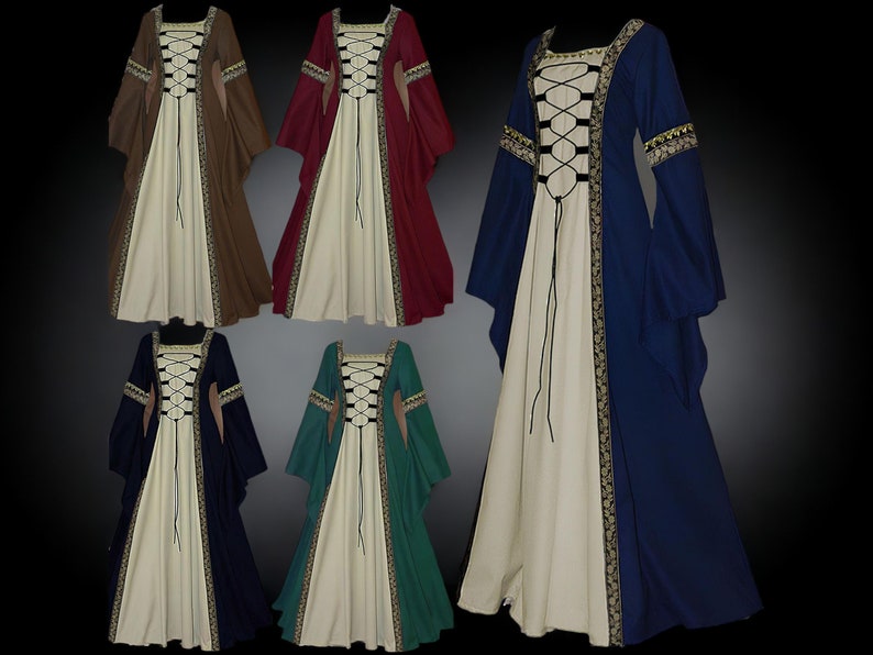 Mittelalterliche Renaissance-Kleider, Larp-Cosplay-Kostüme, viktorianische Hofroben, Gothic-Retro-Damenkleider, Khaki, Rot, Grün, Blau, Schwarz Bild 2