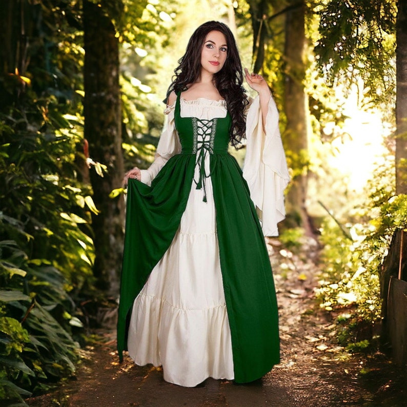 Middeleeuwse Renaissance jurk, Larp cosplay kostuum, SCA dames lange jurk, cosplay jurk, groen, blauw, zwart, roze Green