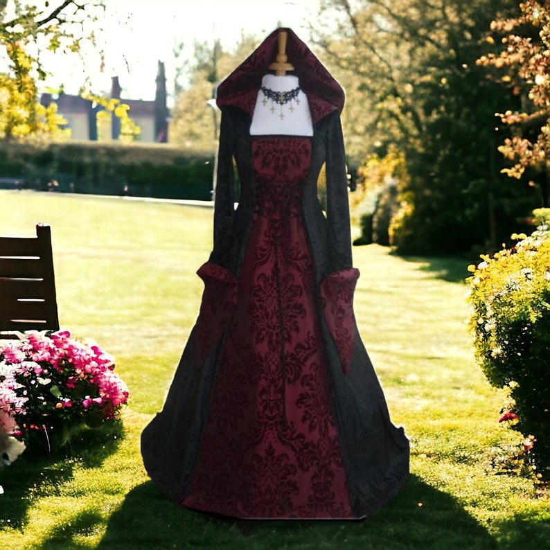 Robe Renaissance médiévale pour femme, robe à capuche de soirée GN, costume de scène cosplay, robe vintage imprimée, rouge, noir, bleu image 5