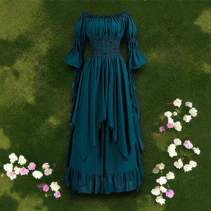 Mittelalterliches Frauenkleid, viktorianisches Frauenkleid, schulterfreies Kleid, irisches Chemise-Kostüm, Renaissance-Faire-Kleid, Feenkleid, Gothic-Hexenkleid Peacock blue