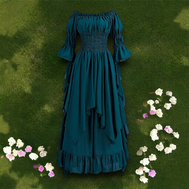 Robe médiévale pour femme, robe victorienne pour femme, robe à épaules dénudées, costume chemise irlandaise, robe de fête de la Renaissance, robe de fée, robe de sorcière gothique Peacock blue