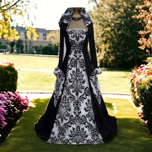 Robe Renaissance médiévale pour femme, robe à capuche de soirée GN, costume de scène cosplay, robe vintage imprimée, rouge, noir, bleu image 4