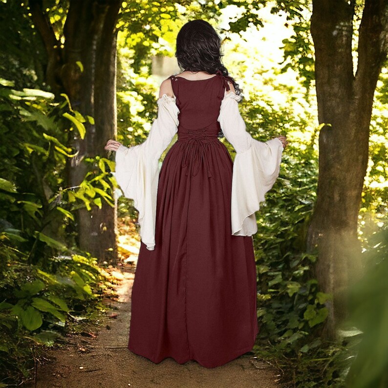 Middeleeuwse Renaissance jurk, Larp cosplay kostuum, SCA dames lange jurk, cosplay jurk, groen, blauw, zwart, roze afbeelding 4