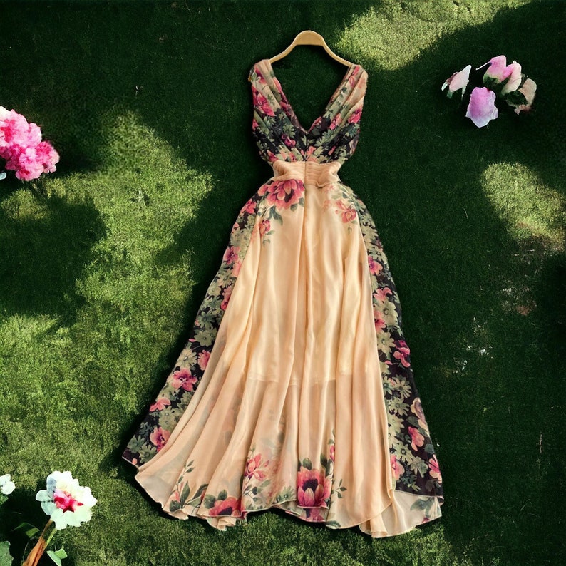 Robe de princesse pour femme,Robe à imprimé floral,Robe médiévale,Robe longue midi,Robe sans manches,Robe d'invitée de mariage,Robe de soirée,Robe élégante image 6