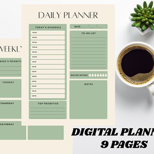 Daily Planner, Weekly, Monthly Planner | Habit, Meal, Budget, Goal Trackers | To-Do List & Notes Printable PDF, Digital Print 9 Pages