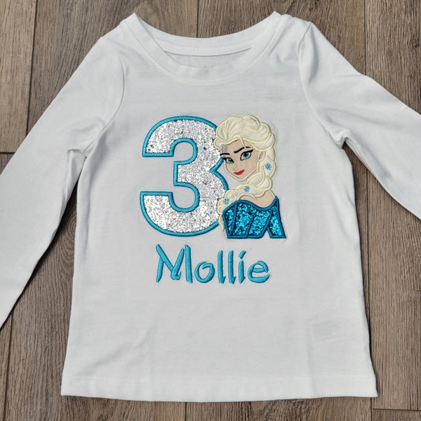 Frozen embroidery birthday shirt. Customized embroidery shirt. Blue princess embroidery shirt.