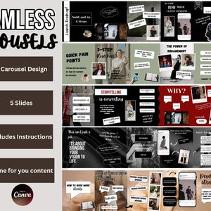 May include: A digital marketing design featuring the text "SEAMLESS CAROUSELS" and information about 9 carousel designs, 5 slides, instructions, and done-for-you content. The design includes images and text about marketing strategies.