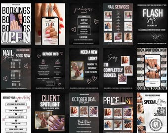 Plantillas de publicaciones de Instagram sobre tecnología de uñas: Marketing de salón editable en Canva (descarga digital)