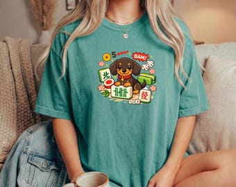Schattig mahjong teckel shirt hond mahjong speler tee, kawaii mahjong cadeau, teckel minnaar cadeau, geluk mahjong shirt, game night tee