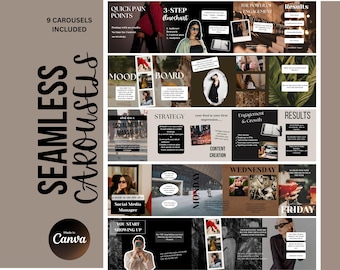 May include: A digital marketing graphic with the text "Seamless Carousels" and "9 Carousels Included." The design features various panels with text and images related to social media management, including "Quick Pain Points" and "3-Step Flowchart."