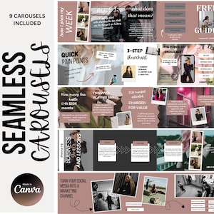 May include: A digital marketing template with a light pink and white color scheme. The design includes the text "Seamless Carousels" and "9 Carousels Included." The template features various sections with text and images, including a "3-Step Flowchart" and "Free Guide."