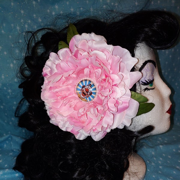 Frightfully Horrific Laughing Clown inset into a Huge Hot Pink Peony Hair Flower Clip