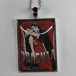 Bela Lugosi Dracula Pendant Necklace w/ Blood Red Blingy Crystals. 25mmx35mm tray and high clarity Glass cabochon. 18&quot; Nickel free chain