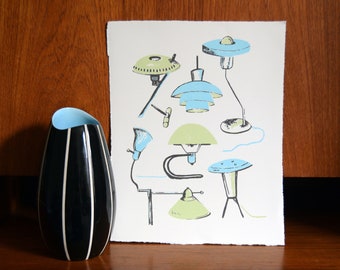 Mid Century Lamps Retro Handmade Screen Print - Sage and Blue