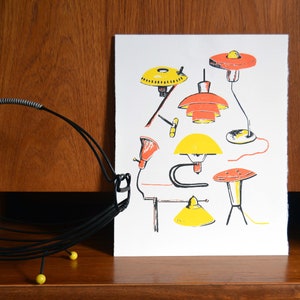 Mid Century Lamps Retro Handmade Screen Print Yellow and Orange image 4