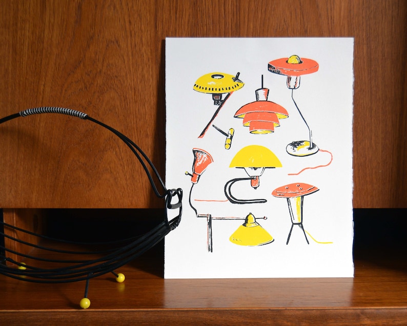 Mid Century Lamps Retro Handmade Screen Print Yellow and Orange image 4