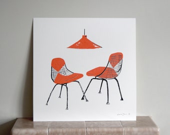 Ray & Charles - Mid Century Chairs Retro Handmade Screen Print - Red