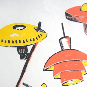 Mid Century Lamps Retro Handmade Screen Print Yellow and Orange image 2