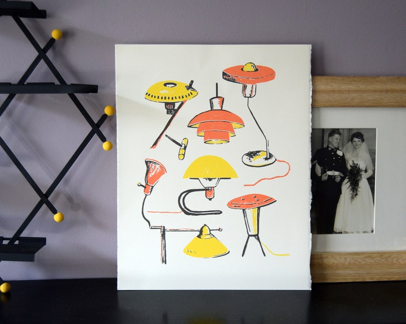 Mid Century Lamps Retro Handmade Screen Print Yellow and Orange image 3