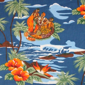 Fabric Vintage Aloha Hawaiian Print Fabric  58&quot; Wide Tropical Floral Fabric By the Yard: Kamehameha Ali&#39;i Nui Blue Hawaiian