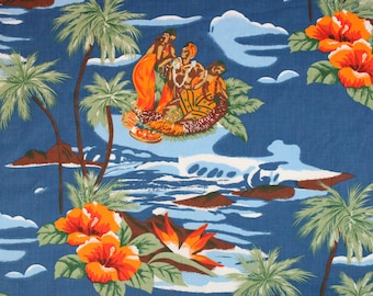 Fabric Vintage Aloha Hawaiian Print Fabric  58" Wide Tropical Floral Fabric By the Yard: Kamehameha Ali'i Nui Blue Hawaiian
