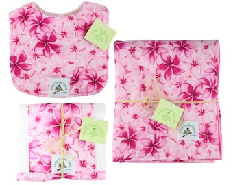 Hawaiian Baby Gift Set Blanket Bib and Burp Cloth Made in Hawaii Hawaiian Baby Shower Gift 3 Piece Set Melia Plumeria Pink