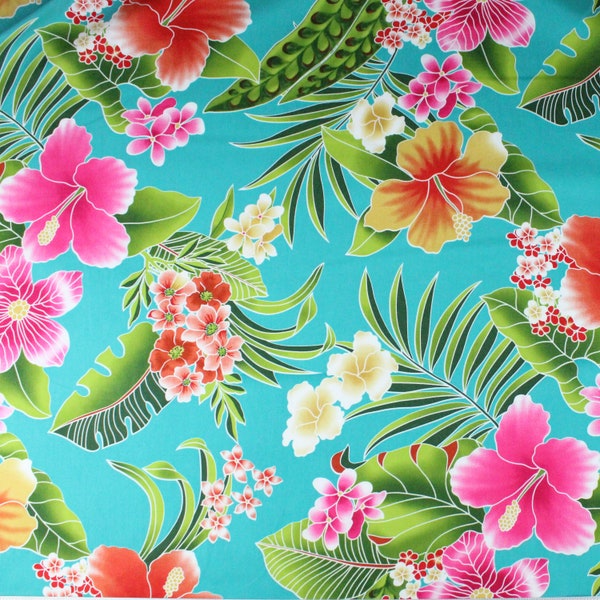 Fabric Hawaiian Print Fabric Tropical Floral Fabric By the Yard: Kauwela Teal
