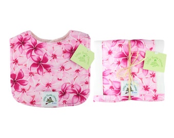 Hawaiian Baby Gift Set Bib and Burp Cloth Made in Hawaii Hawaiian Baby Shower Gift 2 Piece Set Melia Plumeria Pink