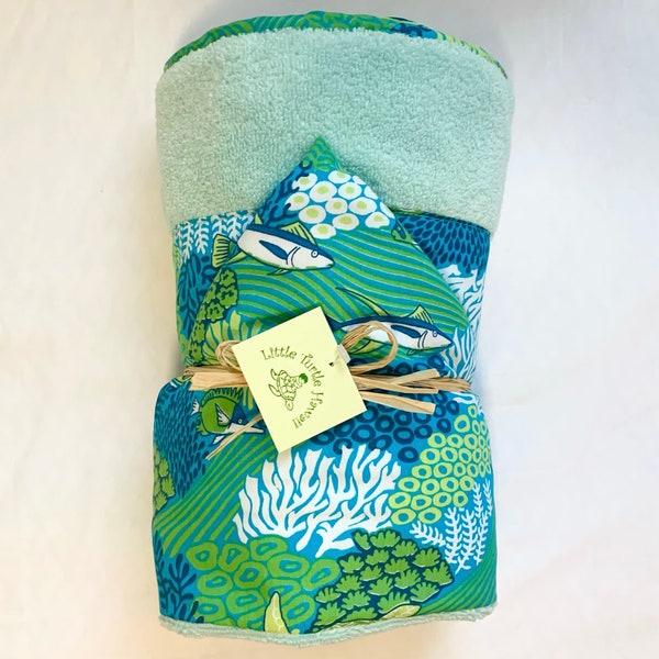 Hawaiian Baby Hooded Bath Towel, Made in Hawaii, Hawaiian Print, Neutral Bath Towel, Hawaiian Baby Shower Gift: Coral Reef Green and Blue
