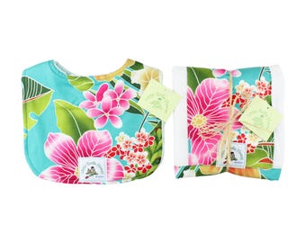 Hawaiian Baby Gift Set Bib and Burp Cloth Made in Hawaii Hawaiian Baby Shower Gift 2 Piece Set Kauwela Teal