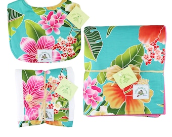 3-Piece Gift Set Hawaiian Baby Blanket Bib and Burp Cloth Made in Hawaii Hawaiian Baby Shower Gift: Kauwela Teal