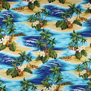 Fabric Hawaiian Island Ocean Print Ukulele Fabric By the Yard Ocean Mele Aqua