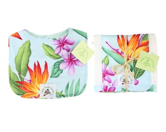 2-Piece Gift Set Hawaiian Baby Bib and Burp Cloth Made in Hawaii Hawaiian Baby Shower Gift Made in Hawaii: Ka Ua Aloha Sky