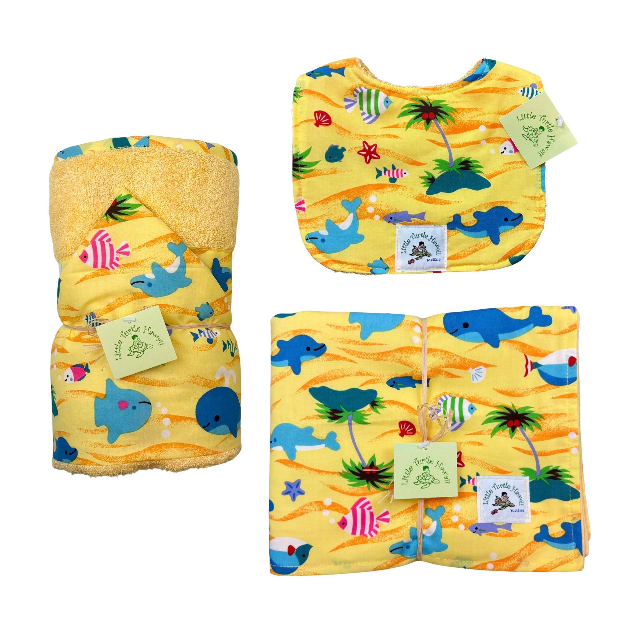 3-Piece Gift Set Hawaiian Ocean Fish Whales Gift Set Blanket Hooded Towel Bib Made in Hawaii Gender Neutral Baby Shower Water Babies Yellow