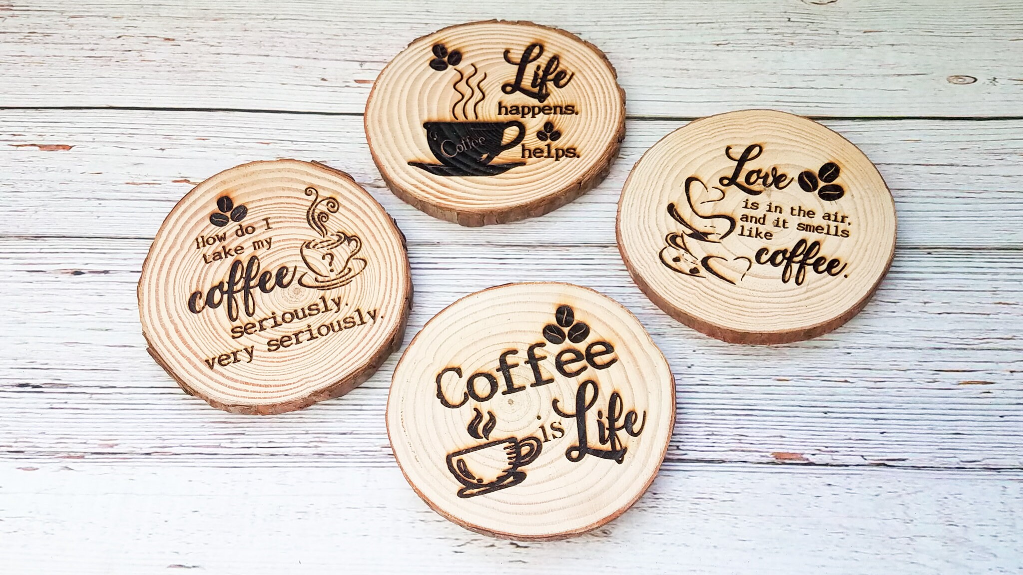 Set of Coffee Themed Coasters / Round Sliced Wooden Coasters / Etsy