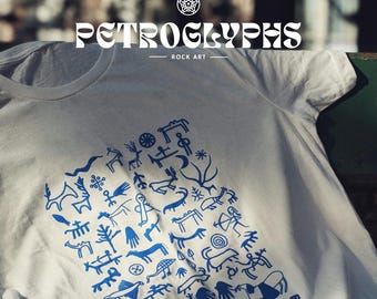 Camiseta com estampa de petróglifos e arte rupestre