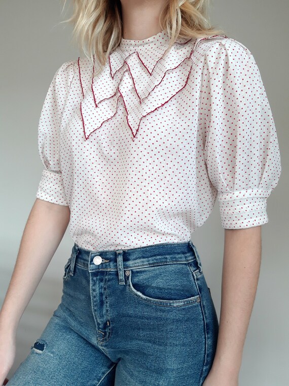 1950's Polka Dot Puff Sleeve Neck Bib Blouse
