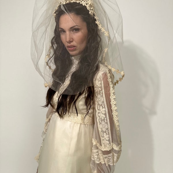 1970s Veiled Ecru Wedding Dress