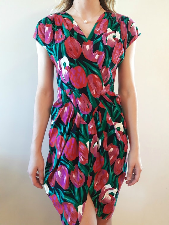 Vintage Tulip Dress 1980s Oversized All Over Large Print Floral Tulip Day Dress L