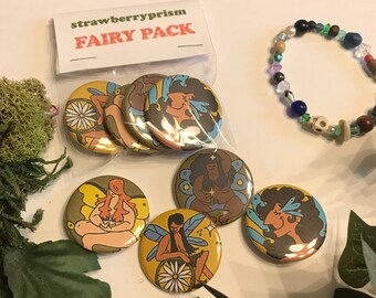 4 pack Retro style Fairy Button pins ( 37 mm )