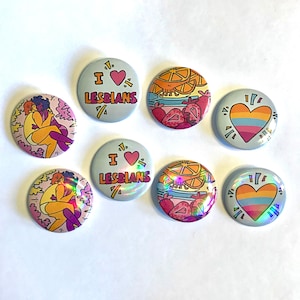 4 pack Holographic or Plain 80's inspired Lesbian Button pins ( 37 mm )